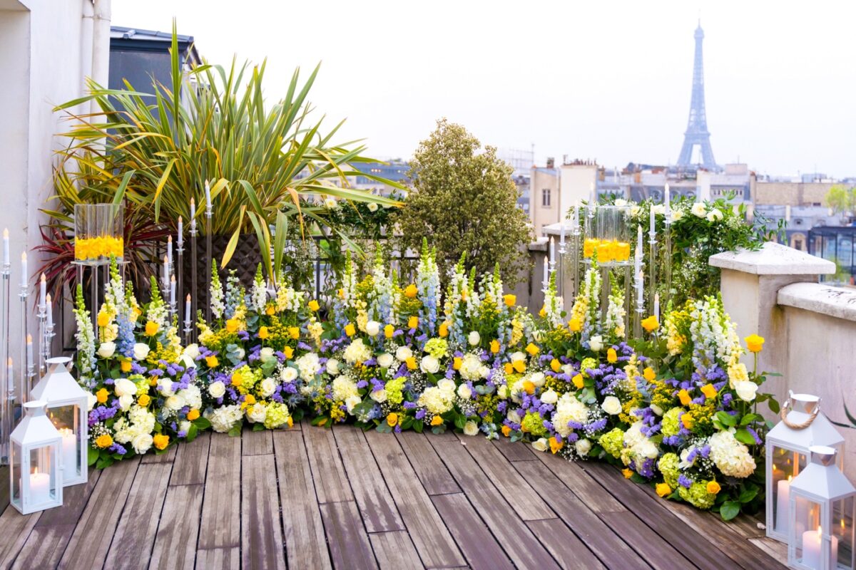 You are my sunshine beautiful summer color flowers compositions at Marugnan Paris Private rooftop.