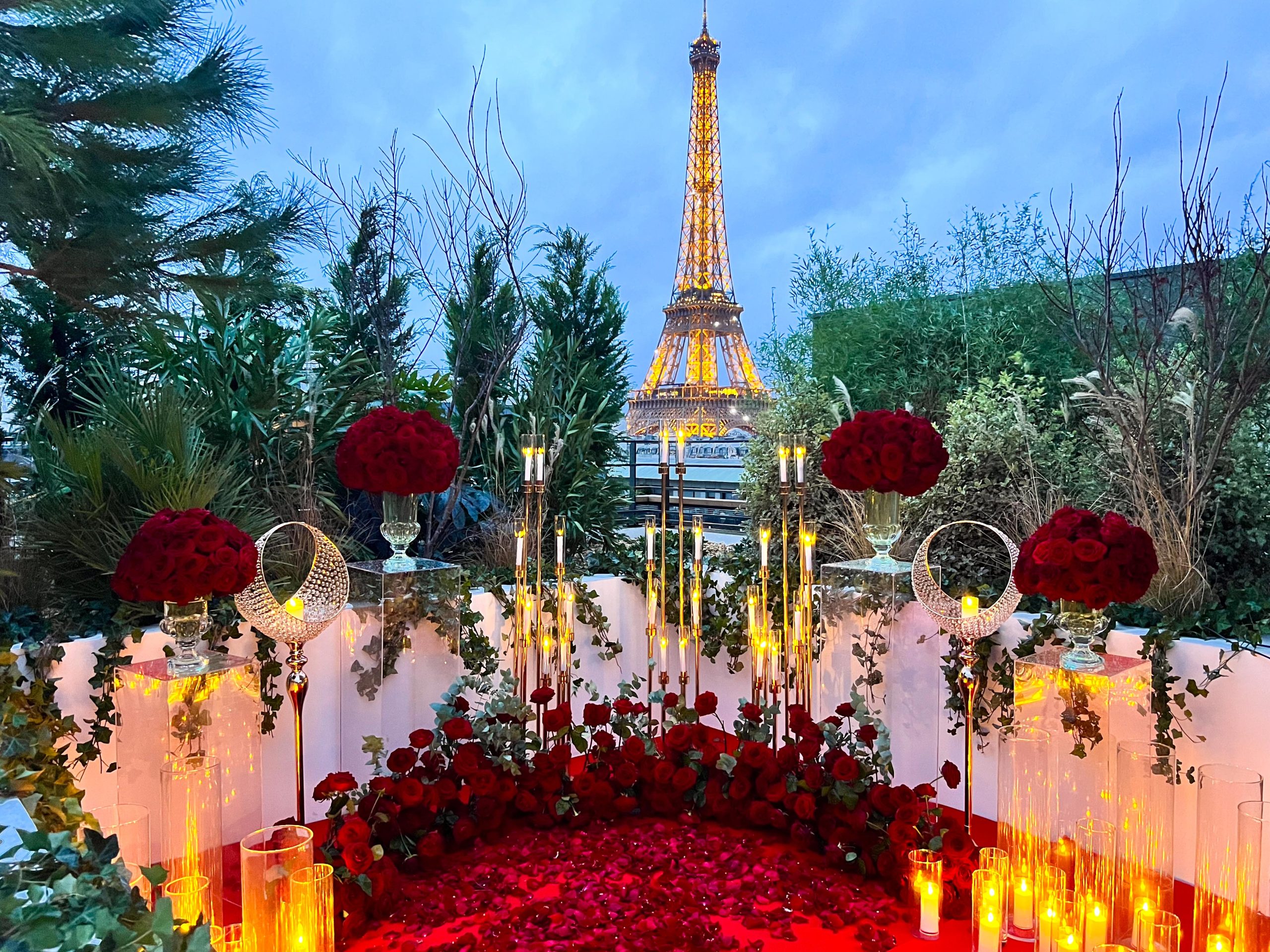 Private rooftop garden in Paris with breathtaking Eiffel Tower view, perfect for romantic proposals, intimate celebrations, and unforgettable moments